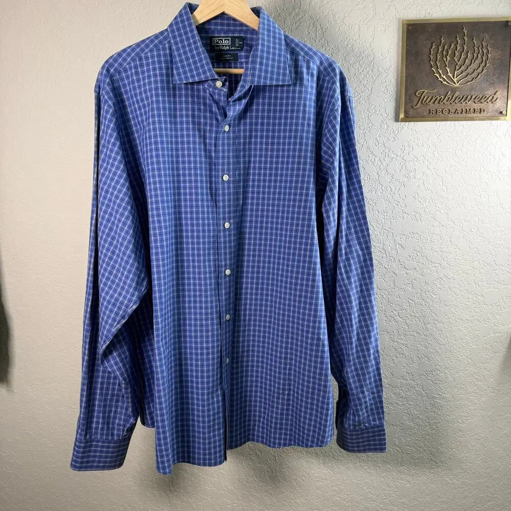 Men's‎ Polo Ralph Lauren Blue Plaid Button Down Long Sleeve Shirt Size 18 XXL